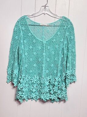 #12) Aqua Crochet V-Neck Tunic Sweater
